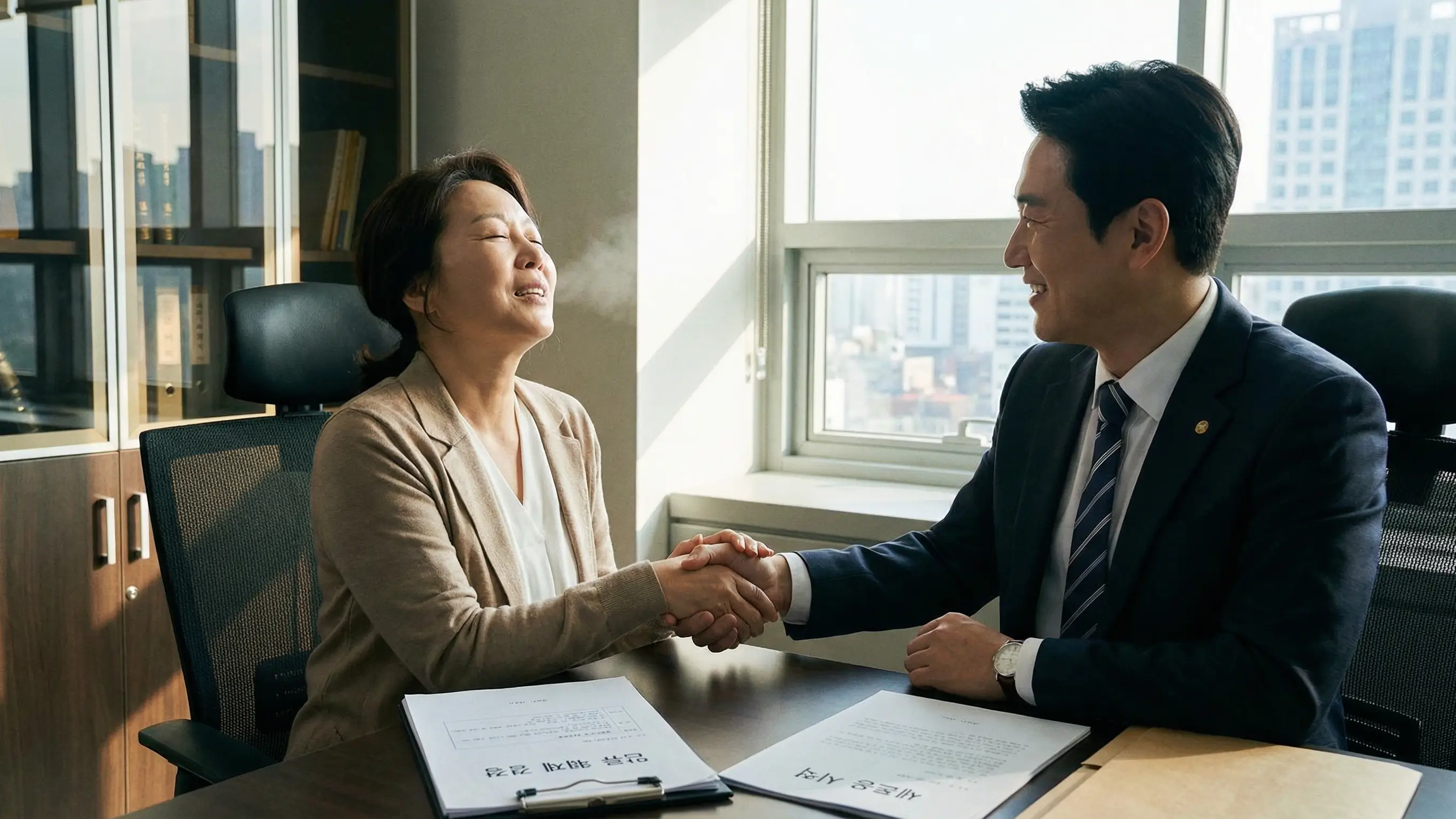 법률 전문가와 상담하며 압류 문제를 해결하고 안도의 한숨을 내쉬는 희망적인 모습