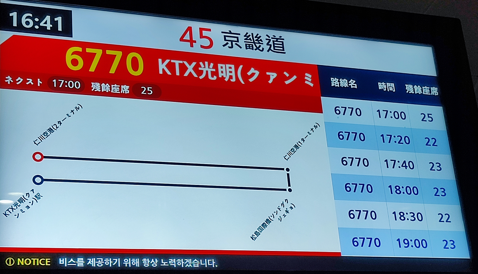 인천공항 광명역 리무진 버스 타는 곳, 시간표