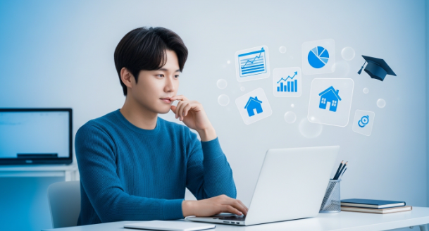 코워킹 스페이스에서 노트북으로 업무를 보는 청년이 모습. 안정적인 주거와 성공적인 취업, 창업을 위한 정부지원을 상징합니다.