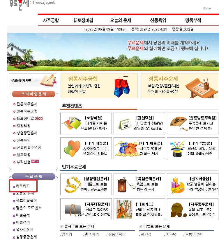 타로카드 메뉴 선택 화면