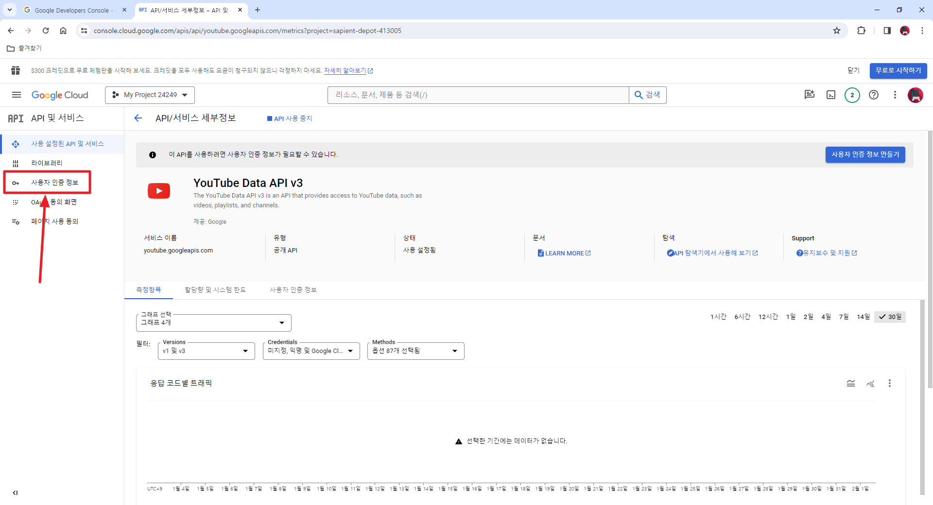 YouTube Data API 사용자 인증정보 메뉴
