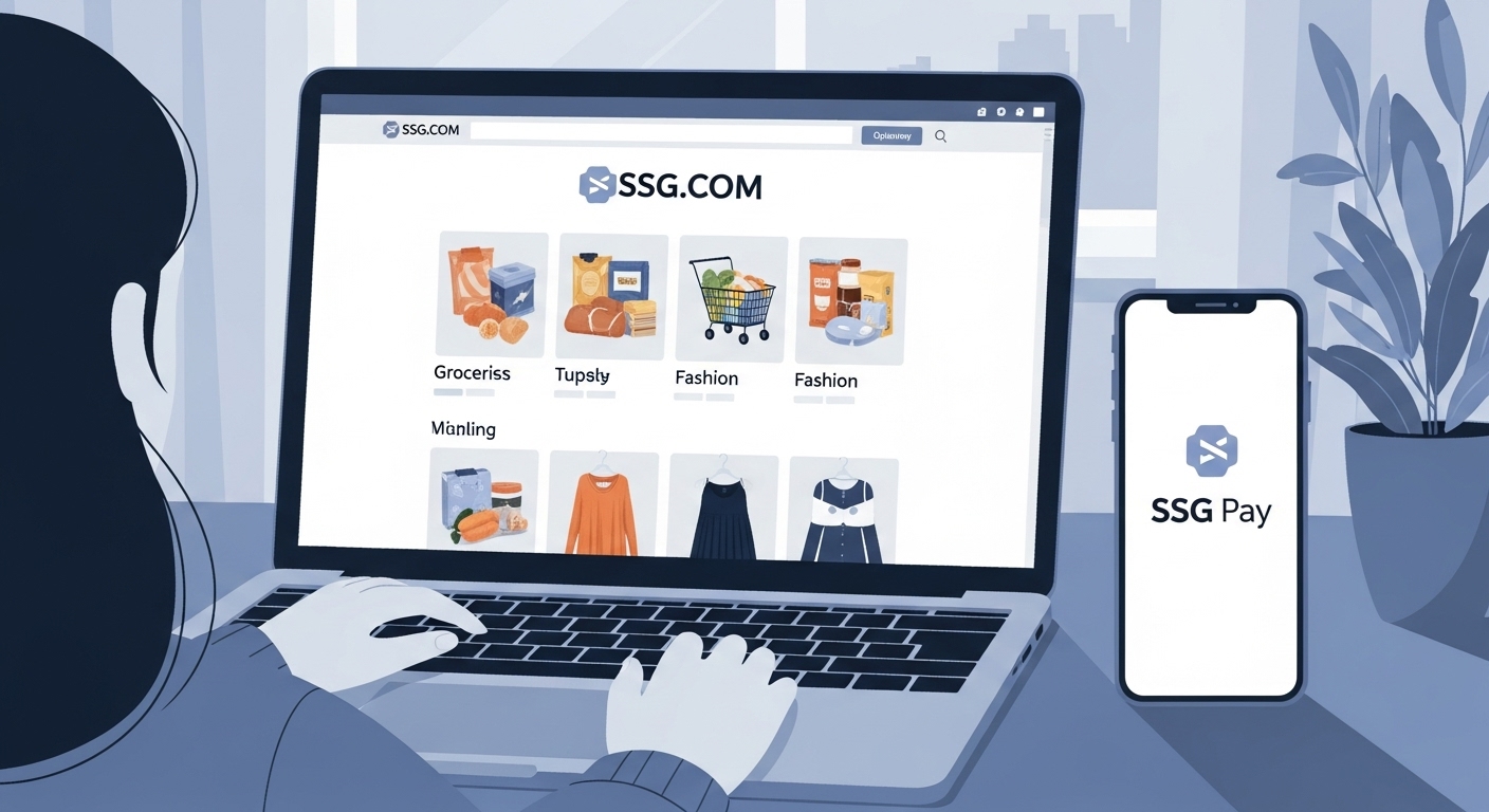 집에서 노트북으로 쓱닷컴(SSG.COM)에서 온라인 쇼핑을 하고, 옆에는 SSG페이 로고가 보이는 스마트폰이 놓여 있어 온라인 결제의 편리함을 보여준다.