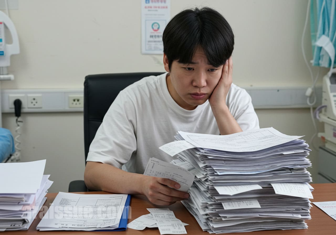 중증 질환을 앓고 있는 환자 가족의 경제적 부담을 설명하는 이미지입니다. 치료 기간이 길어지고 반복적으로 발생하는 비용이 환자와 가족에게 상당한 재정적 압박을 주는 상황을 묘사하고 있습니다.