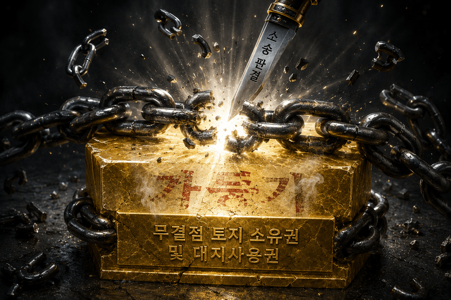 토지 등기부를 구속하던 선순위 가등기라는 사슬이 정밀한 법리적 판결을 통해 통쾌하게 해체되고, 온전한 대지사용권의 자산 가치가 해방되는 순간을 은유적으로 표현한 그래픽 이미지
