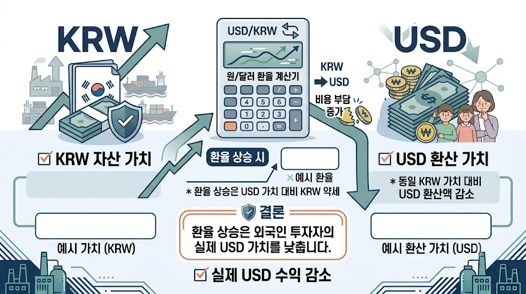 원&middot;달러 환율 상승에 따라 동일한 원화 주식 가치의 달러 환산 금액이 감소하는 예시