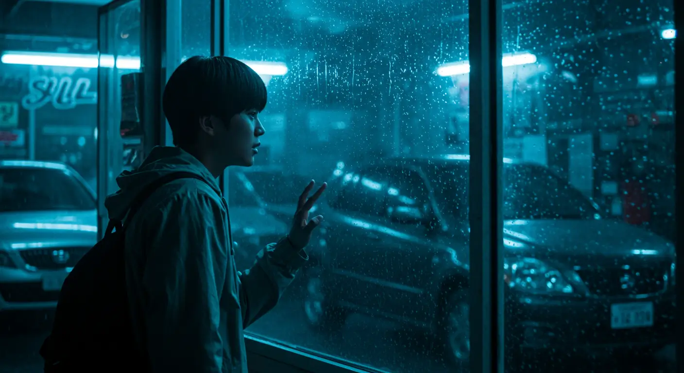 비 오는 밤 중고차 매장 밖에서, 우산 없이 절박하게 차를 바라보는 한국인 무직 청년