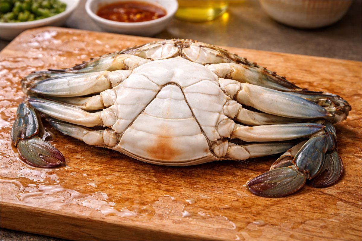  꽃게를 뒤집어 암꽃게 배딱지를 확인하는 클로즈업 장면 