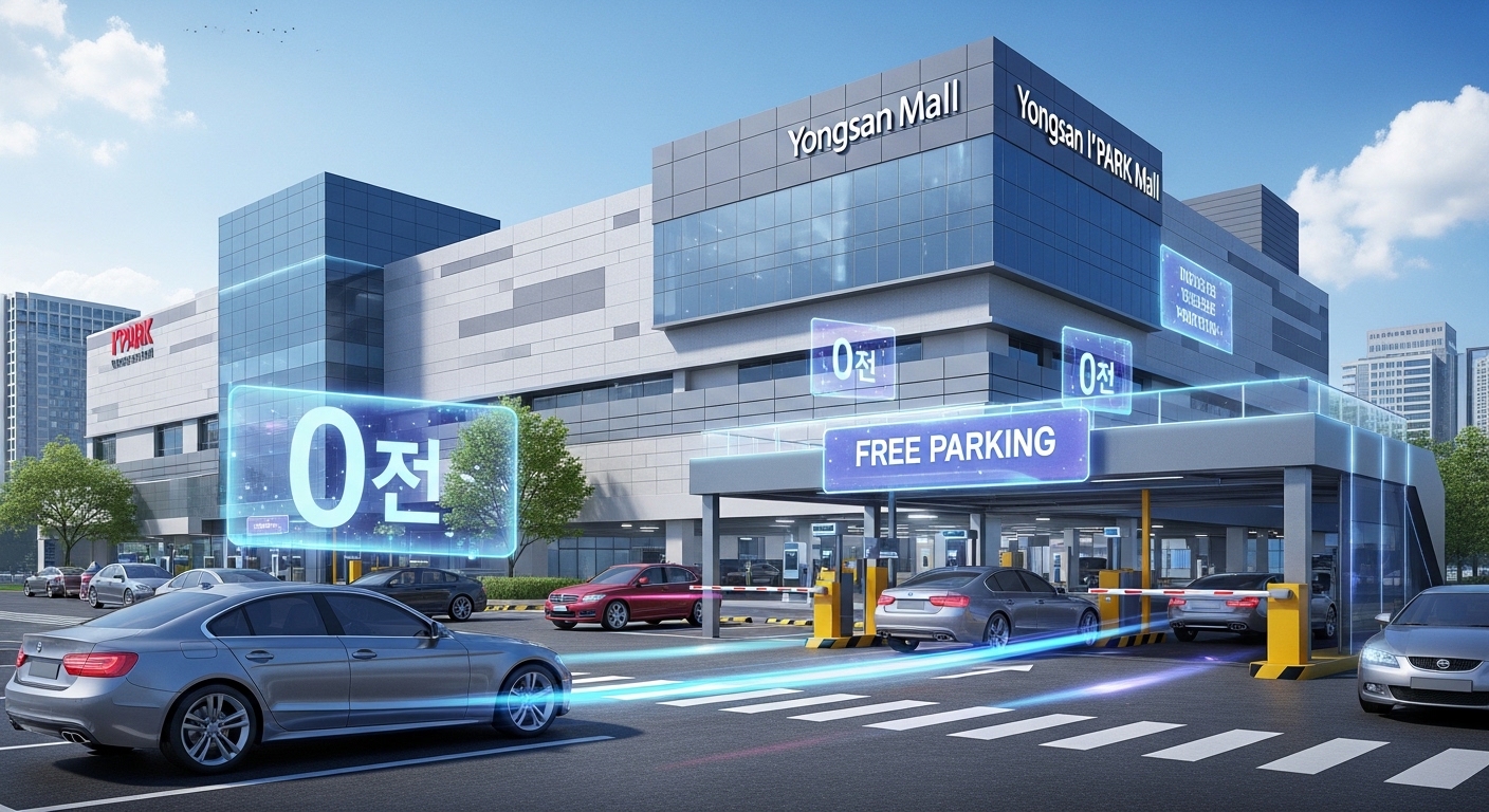 용산 아이파크몰의 현대적인 외관과 차량들이 원활하게 오가는 주차장을 배경으로, '0원' 무료 주차를 강조하는 메시지가 겹쳐진 이미지.