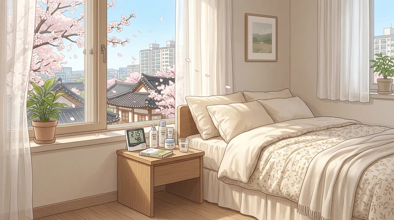 환절기 일교차와 꽃가루로 악화된 아토피 피부 옆 침실 온습도계