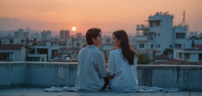 해 질 무렵 옥상에서 운세와 계획을 이야기하는 두 사람