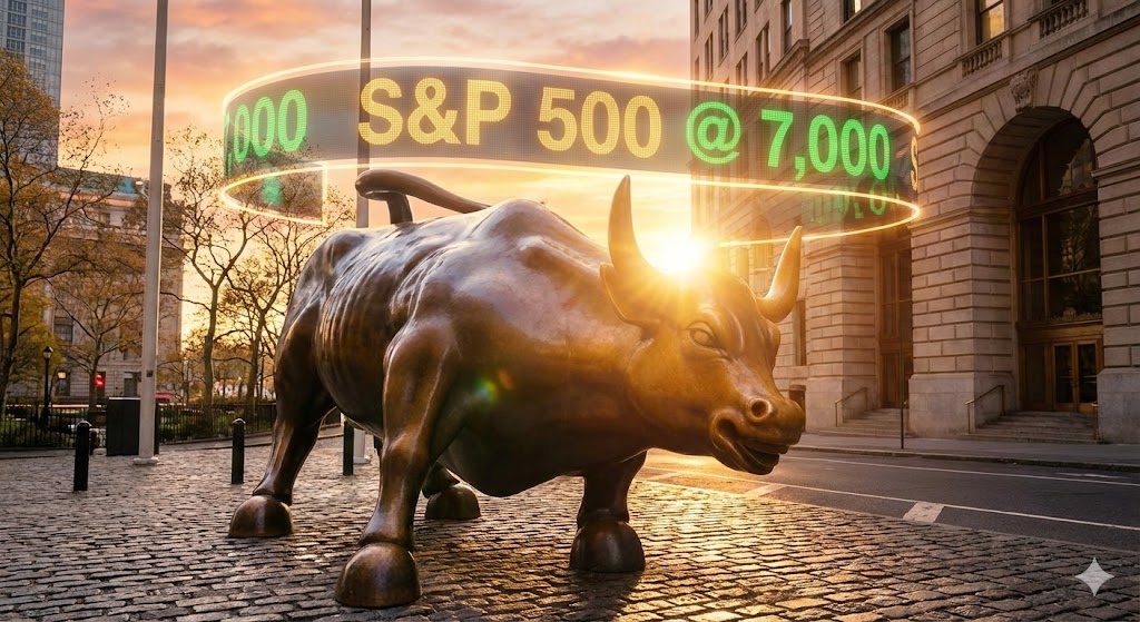 찬란한 아침 해가 뜨는 뉴욕 월스트리트 황소 동상 뒤로 7,000포인트를 가리키는 전광판이 빛나는 모습