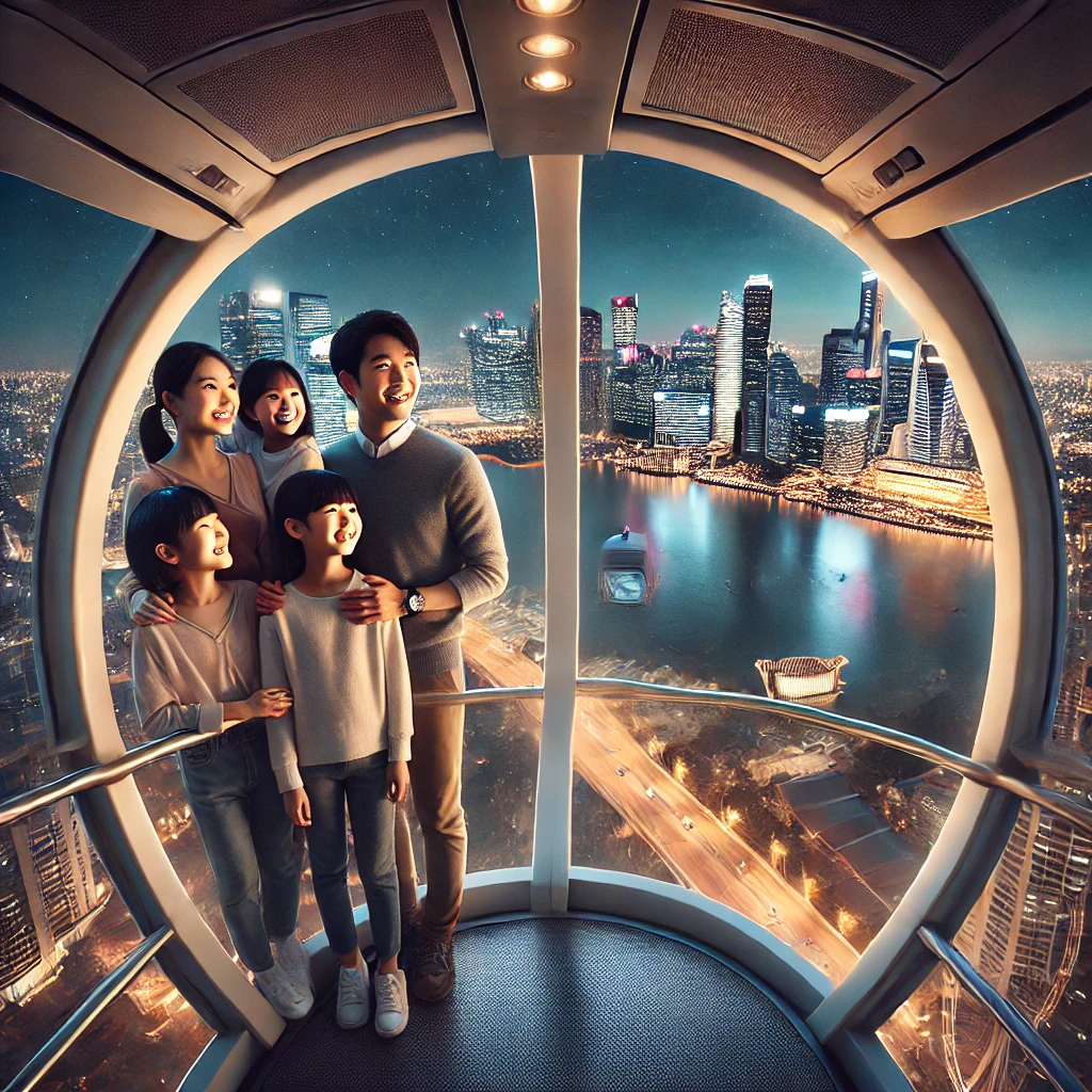 싱가포르 플라이어 캡슐 안에서 가족이 함께 도시 야경을 감상하는 모습