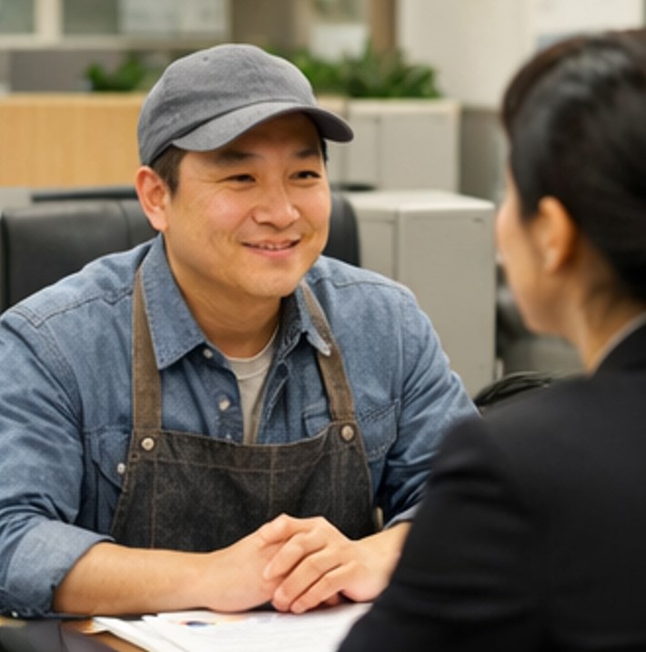 은행 상담실에서 재기를 준비하는 소상공인이 상담을 받으며 고개를 끄덕이는 그림