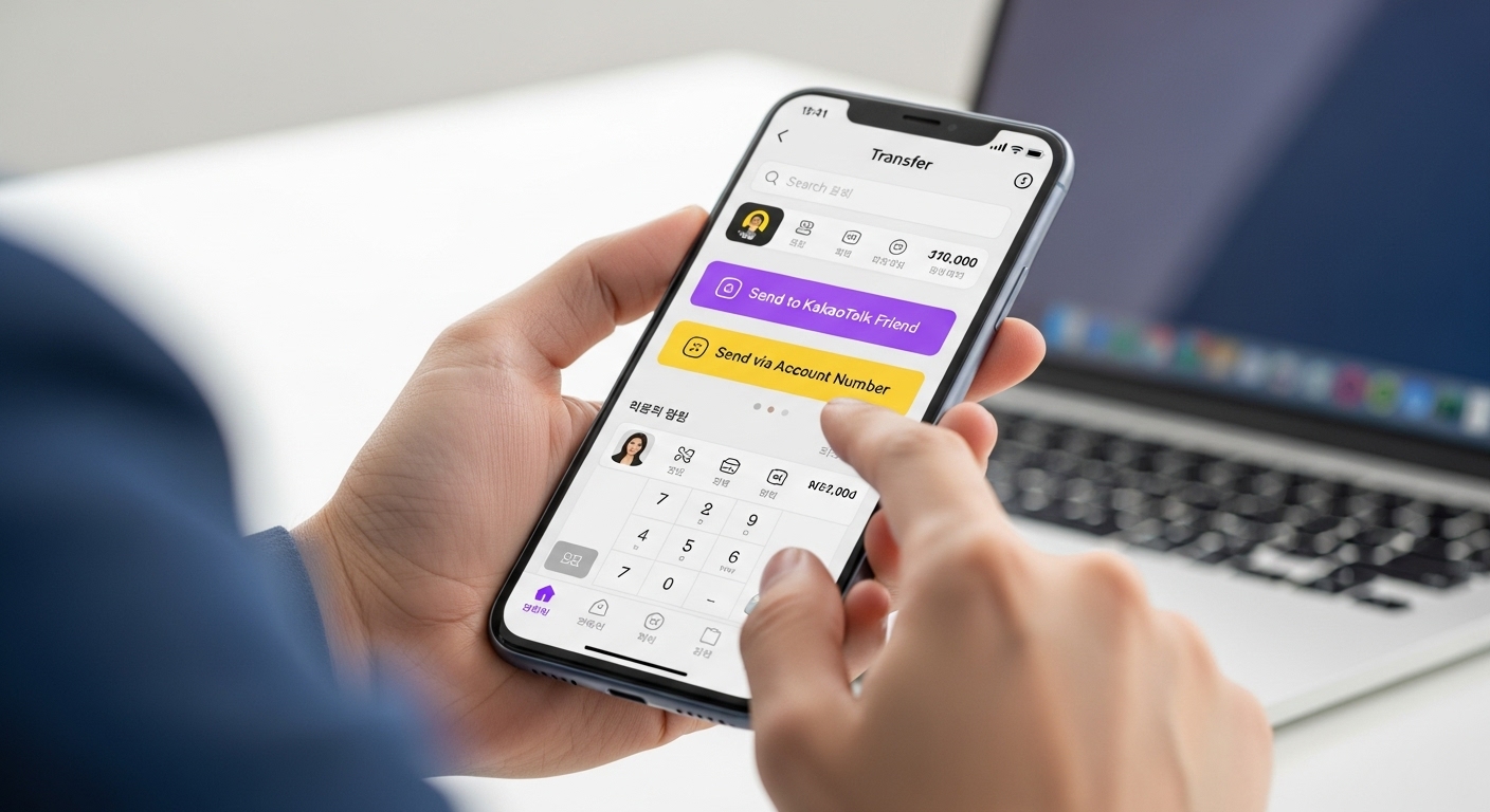 카카오페이 앱으로 카톡 친구 또는 계좌번호로 송금하는 화면을 보여주는 스마트폰을 들고 있는 손