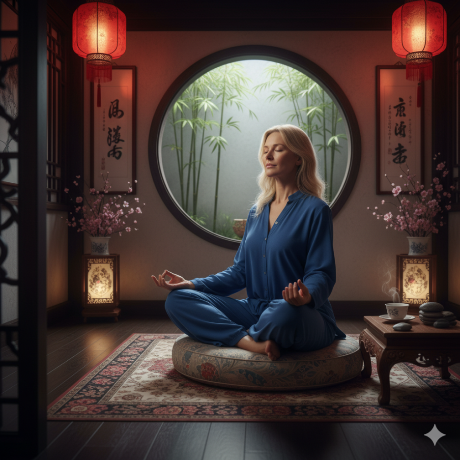 조용한 공간에서 깊게 호흡하며 마음을 안정시키는 사람, 리셋루틴을 통해 스트레스에 즉각 대응하는 장면 (이미지 생성:google)