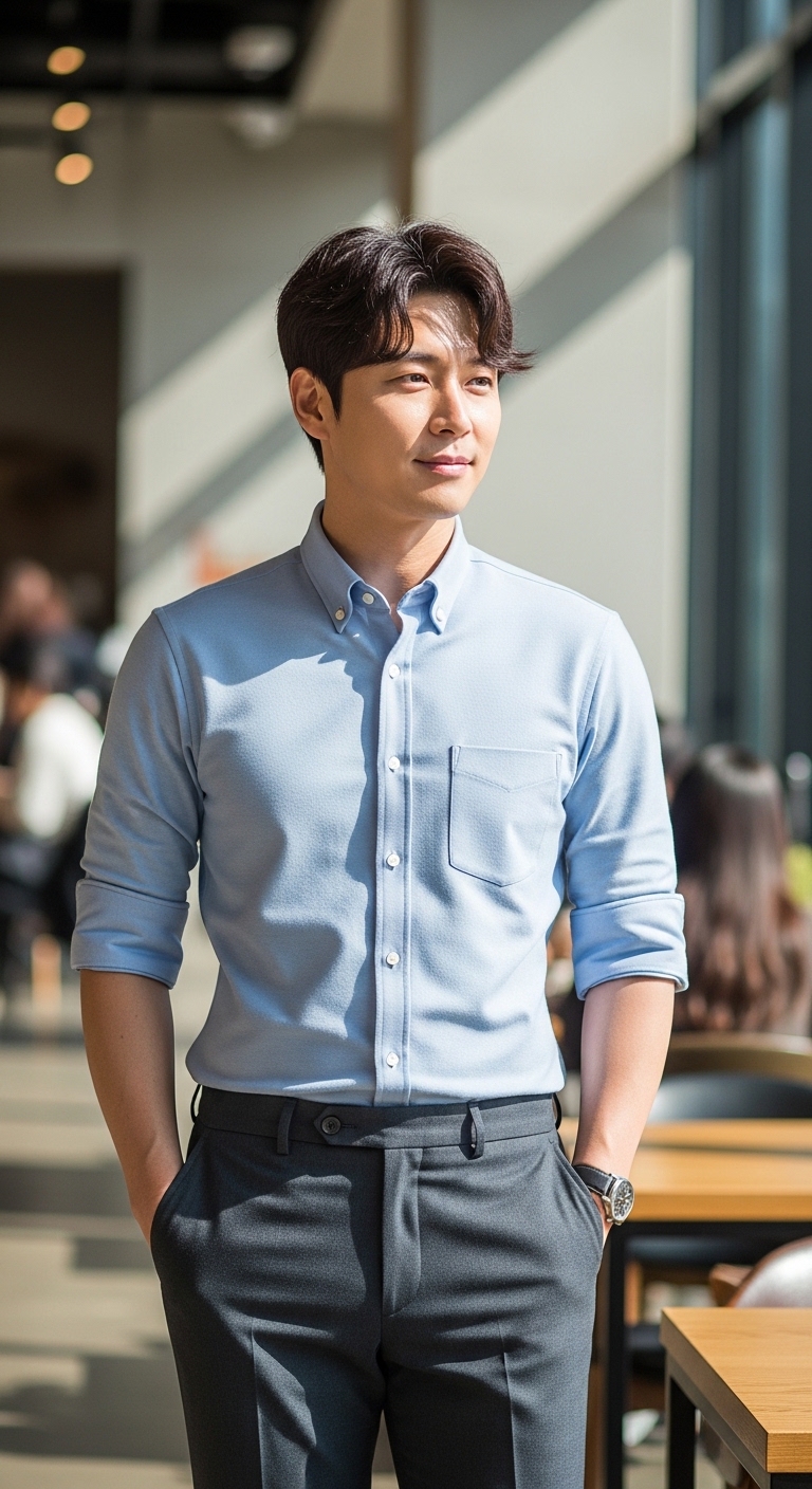 셔츠 소매를 걷고 앞부분만 슬렉스에 넣은 디테일한 착용 샷