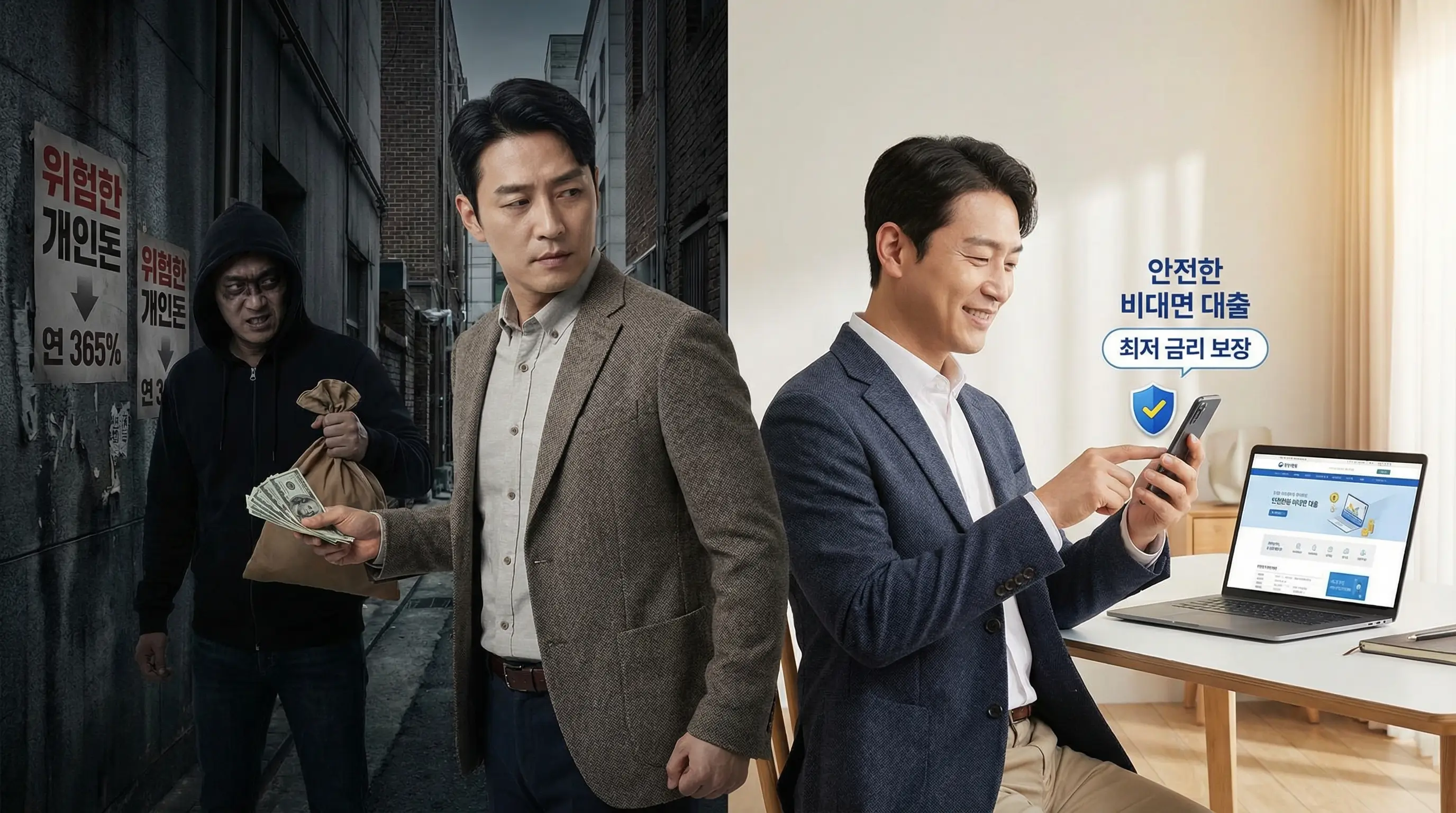 위험한 개인돈 대출의 유혹을 뿌리치고 안전한 비대면 대출을 선택하는 현명한 금융 소비자의 모습