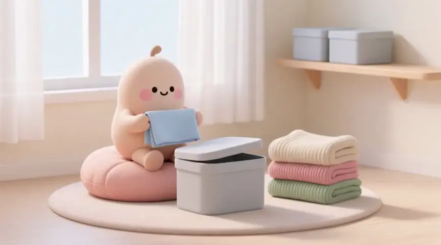 개어 둔 옷을 수납함 쪽으로 옮기는 움직이는 장면