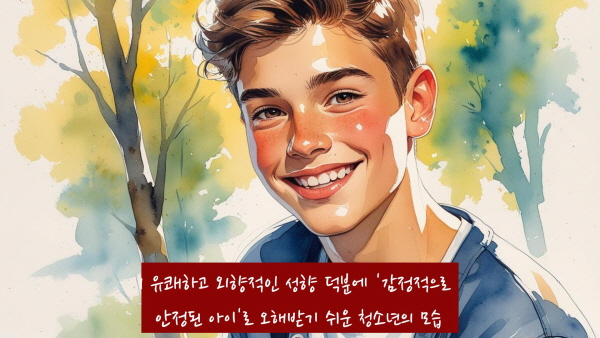 유쾌하고 외향적인 성향 덕분에 ‘감정적으로 안정된 아이’로 오해받기 쉬운 청소년의 모습에 관한 그림