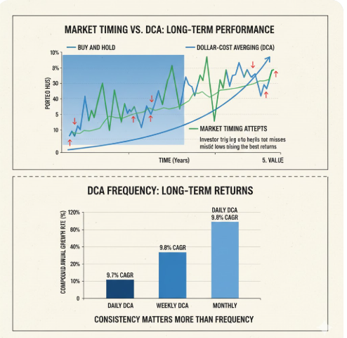 최고의 매수 시점을 예측하려는 노력과 꾸준한 DCA 투자의 성과를 비교하는 그래프
