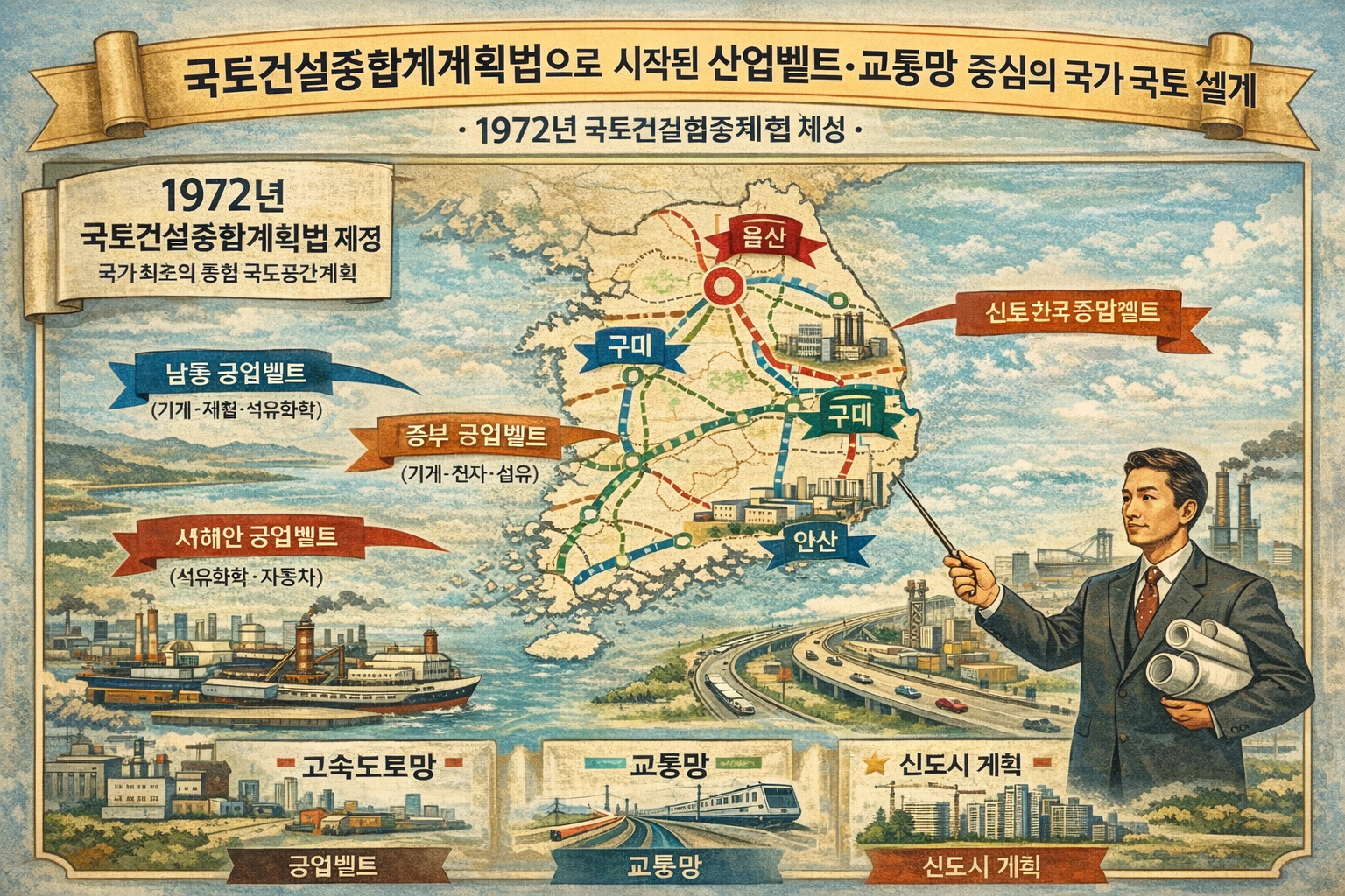 972년 국토건설종합계획법 제정 이후 공업벨트·교통망 중심으로 재편된 대한민국 국토 구조