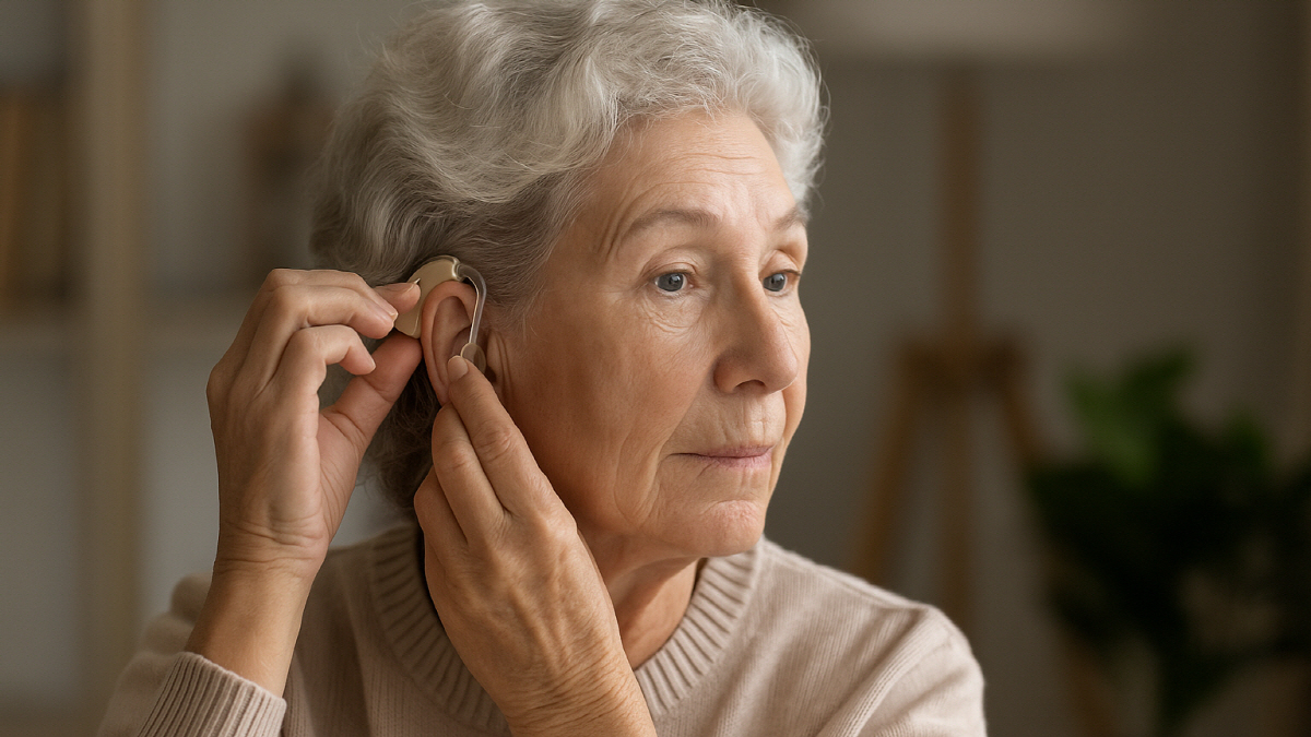 보청기를 착용 중인 회색 머리의 실버 여성, 청력 관리와 치매 예방의 중요성 강조