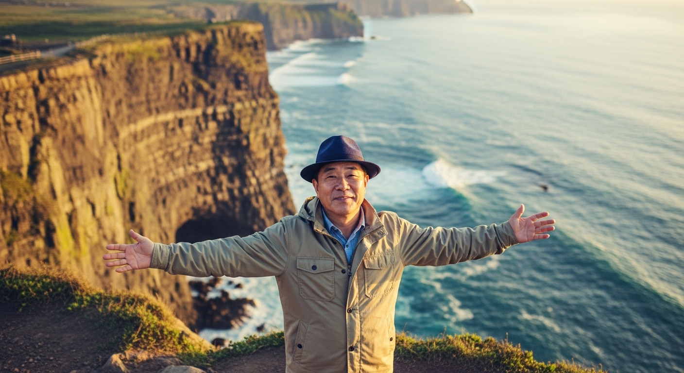 50대 한국인 남성, 절벽 위에서 바다를 향해 두 팔 벌리는 모습
