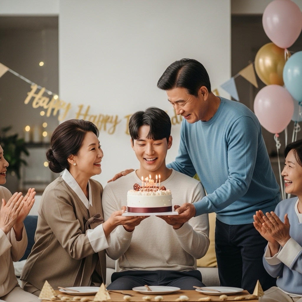 한 가족이 된 사위의 생일을 축하하며, 장인장모님과 아내, 가족들이 함께 모여 즐거워하는 따뜻하고 행복한가족의 모습. 축하 케이크와 선물, 웃음이 가득한 순간을 담은 이미지.