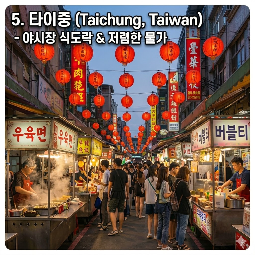 수많은 붉은 등불이 걸려 있고 사람들로 붐비는 활기찬 타이중 야시장 거리. '우육면', '버블티' 한글 간판과 현지 음식점들이 보이는 야경 이미지. 상단에 '5. 타이중 (Taichung, Taiwan) - 야시장 식도락 &amp; 저렴한 물가' 텍스트 포함.