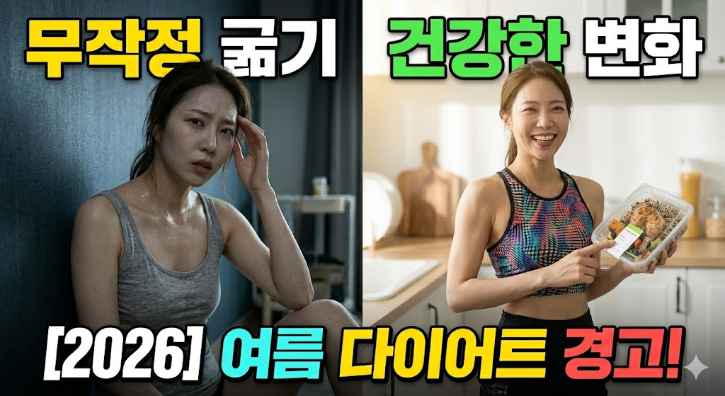 [2026 Summer Diet Warning] Comparison image of a woman exhausted by starvation dieting on the left, and a woman vibrant with a healthy diet on the right. Blog thumbnail notifying that one should choose healthy diet management instead of reckless dieting.