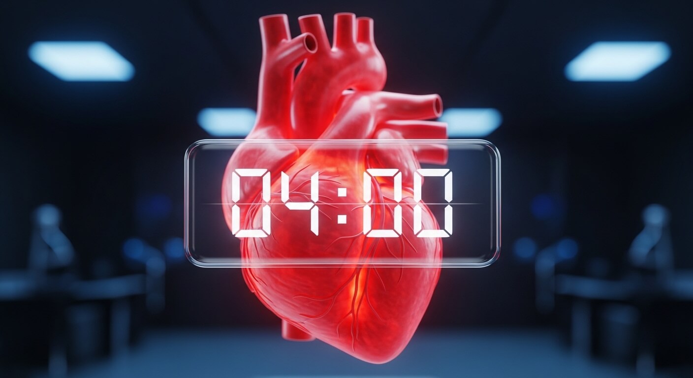 심근경색 전조증상과 4분 골든타임을 나타내는 심장 타이머 이미지