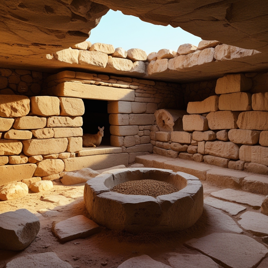 1세기 유대 지역의 주거 구조 안에 있는 돌로 만든 구유 공간을 통해 예수 탄생 환경을 현실적으로 표현한 장면