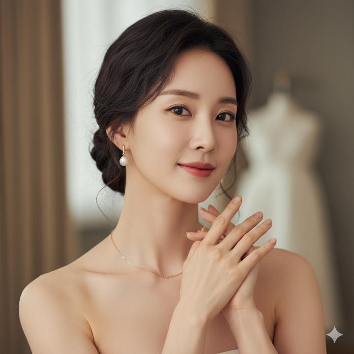 우아한 손과 목 라인이 돋보이는 여성의 모습