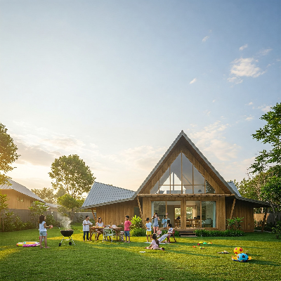 푸른 잔디밭 위에 아름답게 자리 잡은 카라핑하우스 전경.