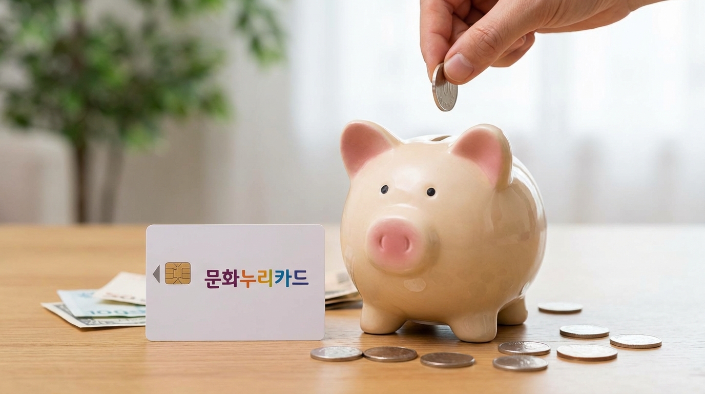문화누리카드에 개인 자금을 추가로 충전하는 것을 상징하는 돼지저금통과 카드 이미지