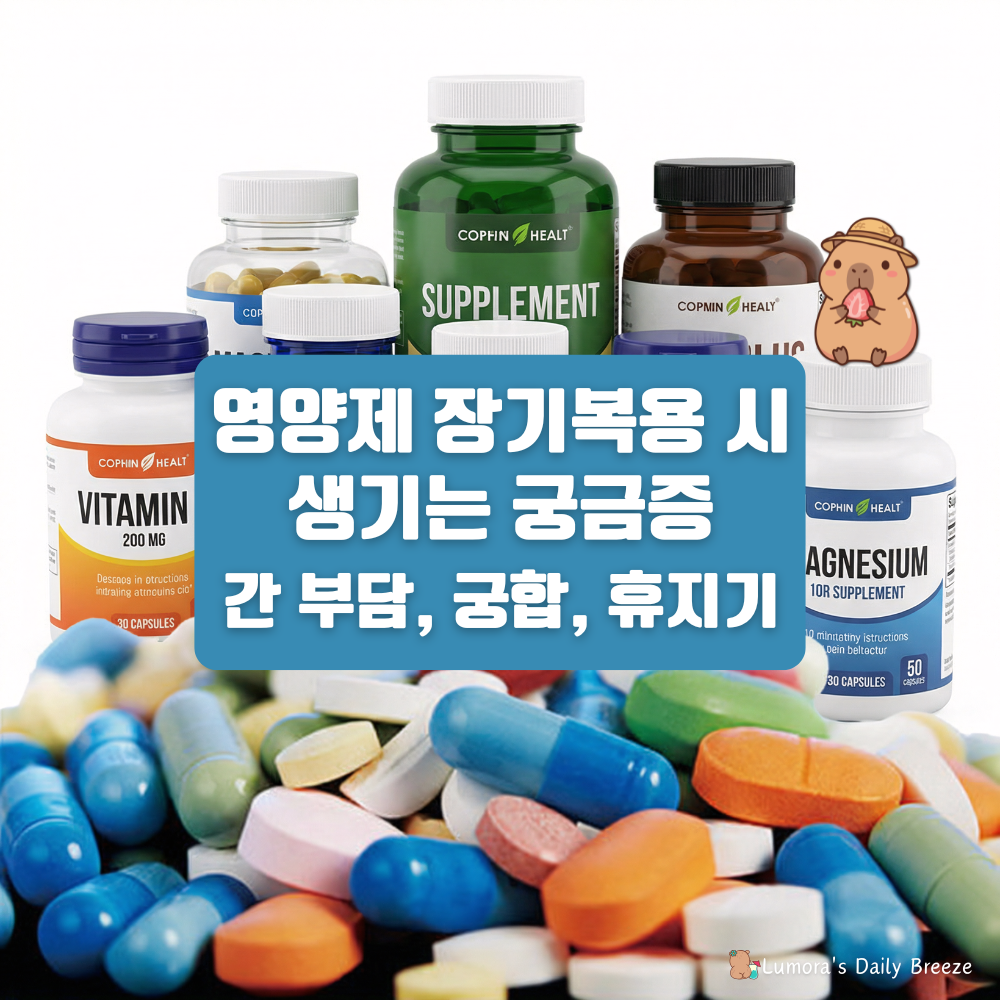 영양제 장기 복용시 일반적으로 궁금해 하는 점을 모아 해결법과 정보를 알리는 포스팅의 썸네일입니다. 수많은 영양제들이 쌓여있는 이미지입니다.