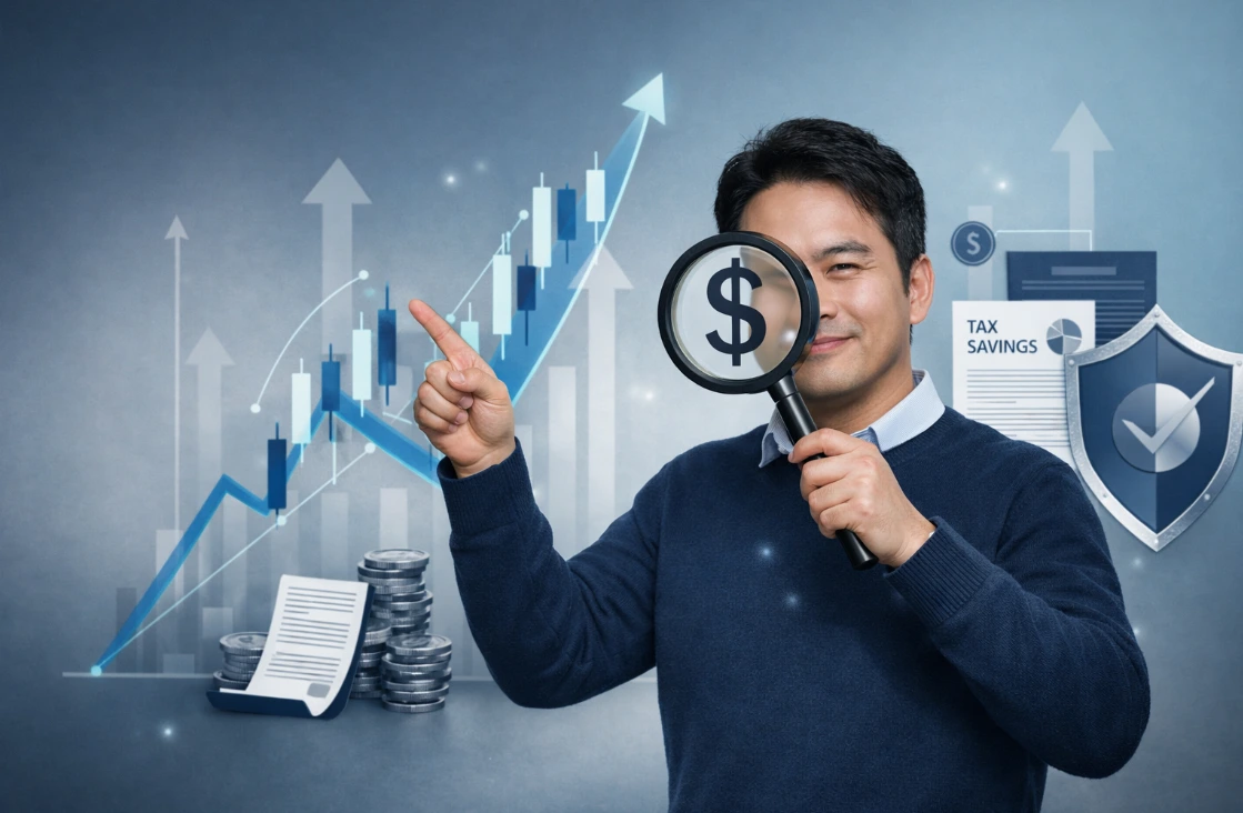 재무 성장을 나타내는 주식 차트와 세금 절약 관련 서류를 들고 있는 사람.