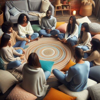 사람들이 원을 이루어 앉아 대화를 나누는 모습, 아늑한 공간에서 편안한 분위기.