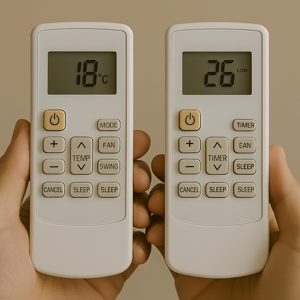 왼쪽은 에어컨 리모컨 화면에 18도 표시, 오른쪽은 같은 리모컨이 26도 LOW 모드로 설정된 모습. 전력 소모를 줄이기 위해 온도와 바람세기를 바꾼 비교 이미지