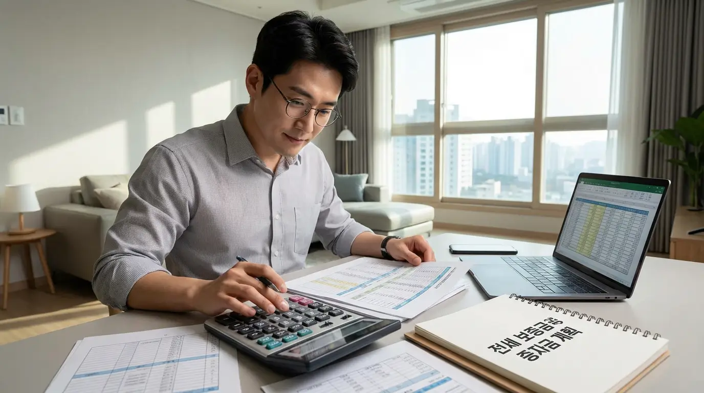 계산기를 두드리며 전세 보증금 증액분에 대한 자금 계획을 세우는 스마트한 모습