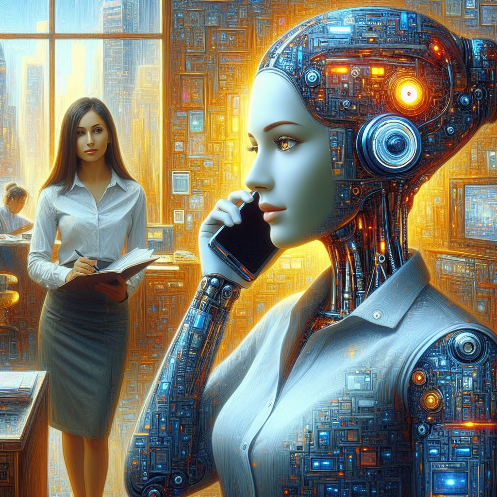 AI 이미지. 인공지능 상담사가 사람과 전화 통화를 하는 장면. 유화 느낌으로