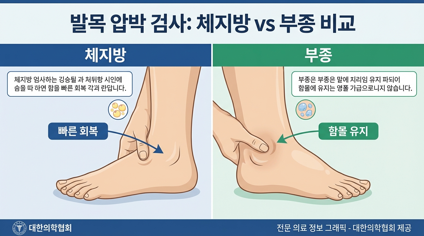 손가락으로 발목을 눌러 하체 부종 유무를 확인하는 진단법 이미지