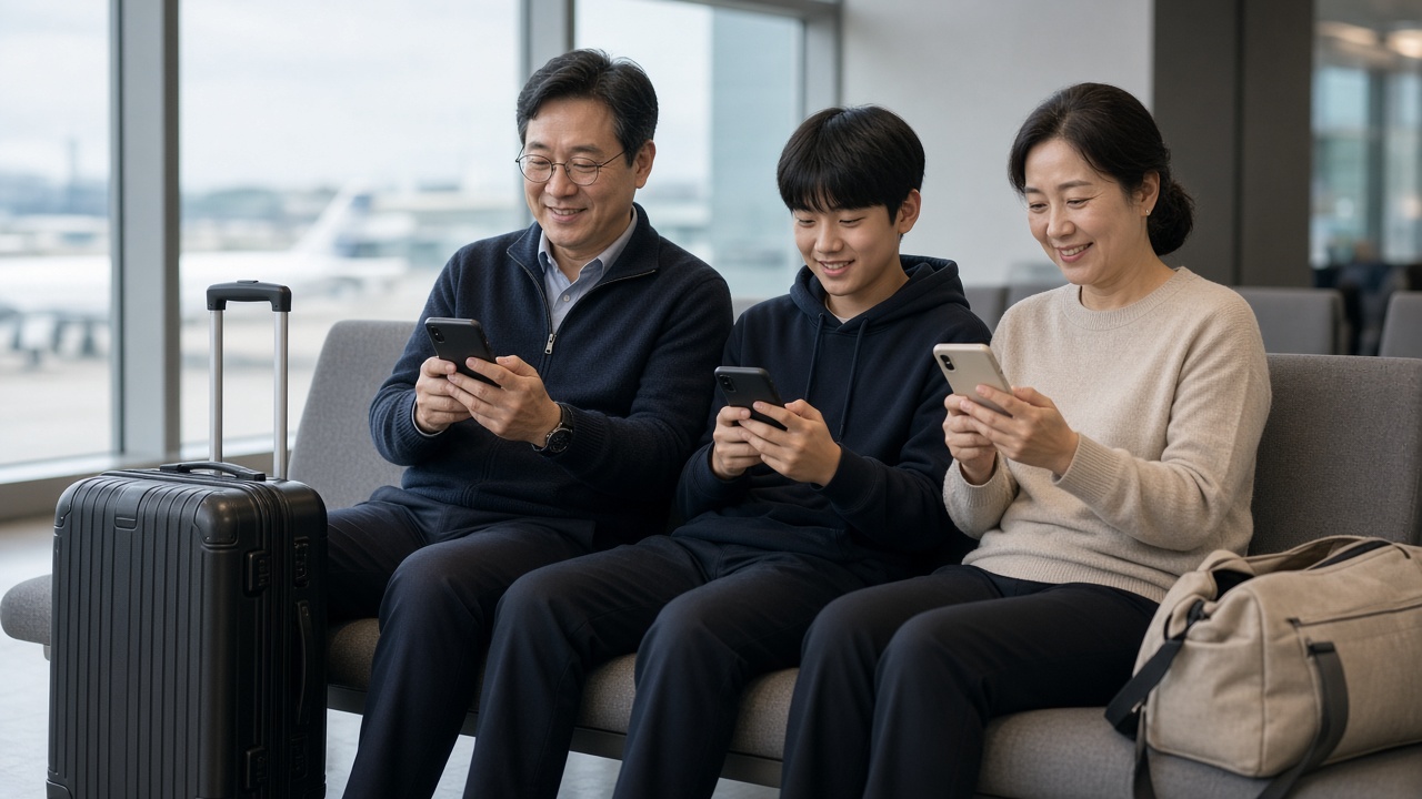 공항 라운지에서 각자 휴대폰을 확인하는 3인 가족 여행객