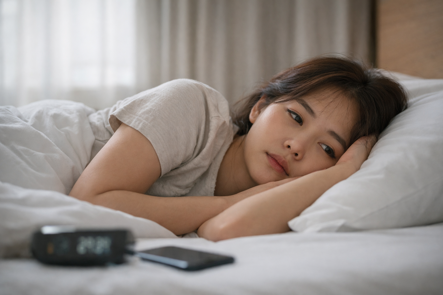 자도 피곤한 아침, 침대에 누워 눈을 뜬 채 멍한 표정의 30대 여성
