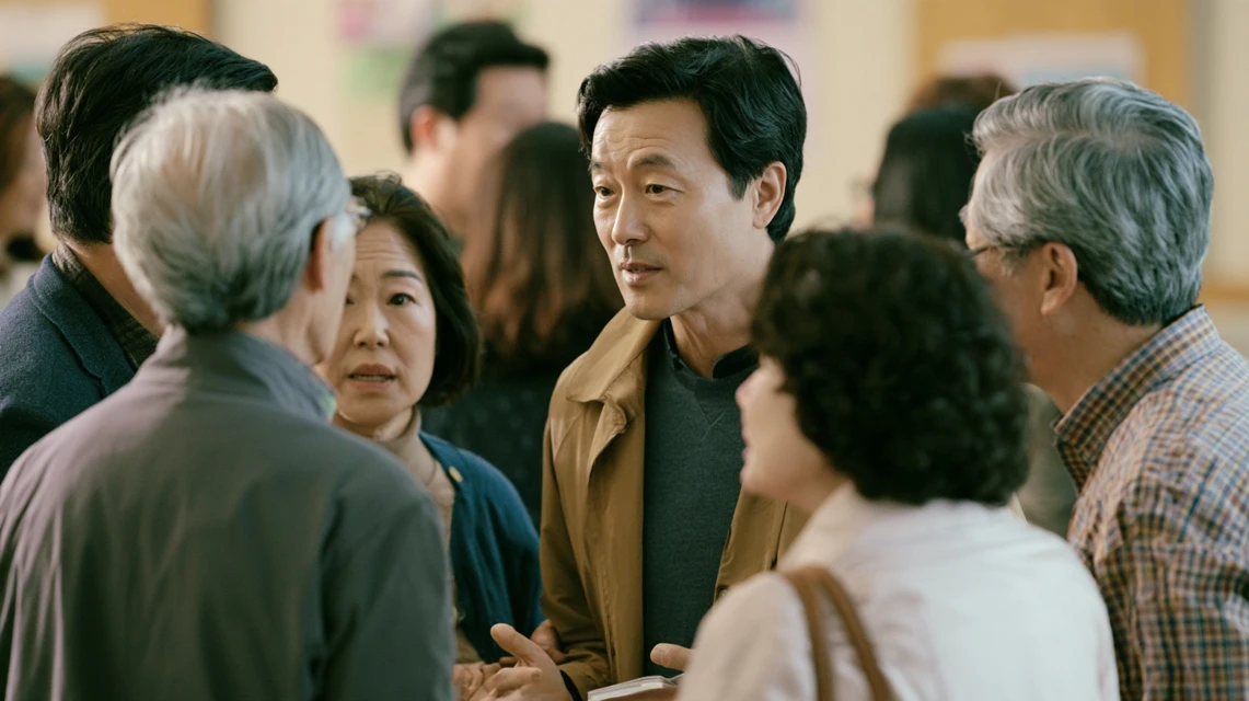 동호회 활동 뒷정리를 신입 회원 혼자 맡아 하고 다른 회원들은 대화를 나누는 장면