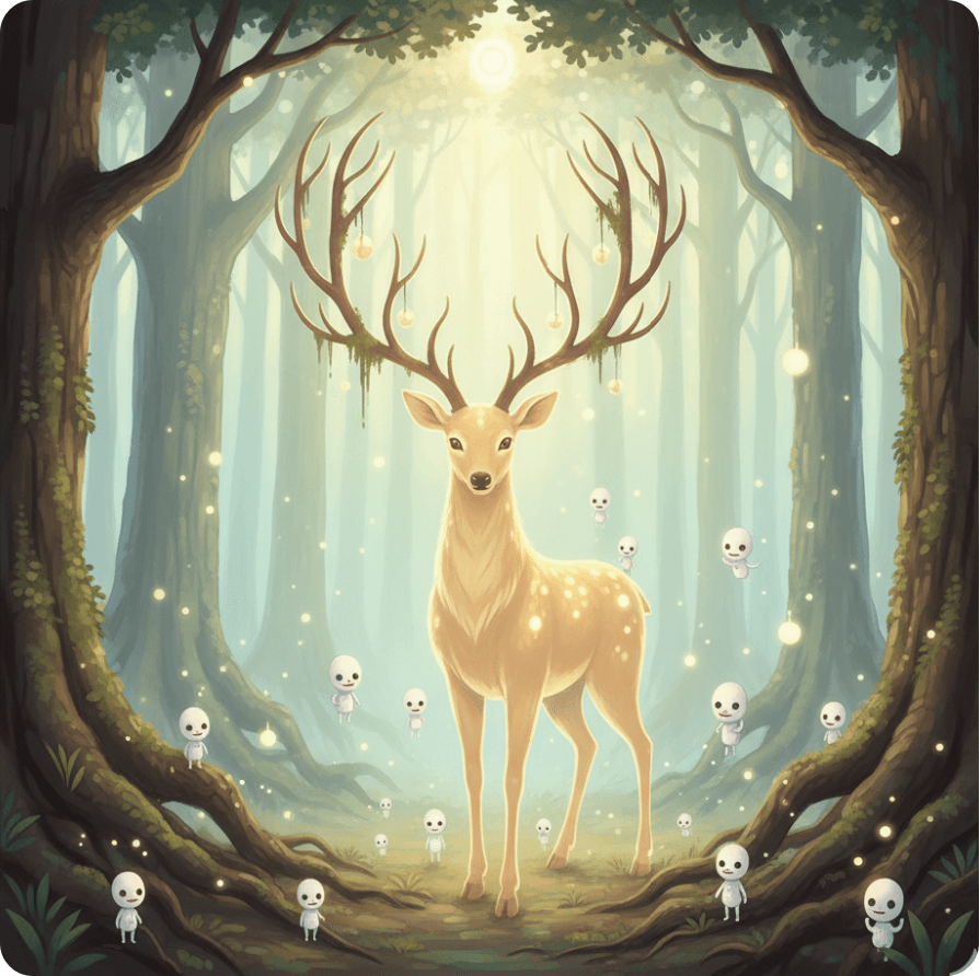 alt="모노노케 히메에서 영감을 받은 신비로운 숲의 신과 코다마 정령들이 나타난 일본 신토적 분위기의 일러스트"