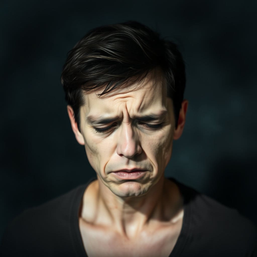 얼굴이 창백하고 불편해 보이는 사람이 속이 좋지 않아 괴로워하거나 힘들어하는 모습입니다