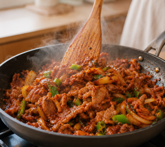 뜨거운 팬 위에서 매콤한 고추장 불고기가 강한 불길과 함께 자작하게 볶아지며 맛있는 붉은 기름이 지글지글 끓어오르는 생생한 장면