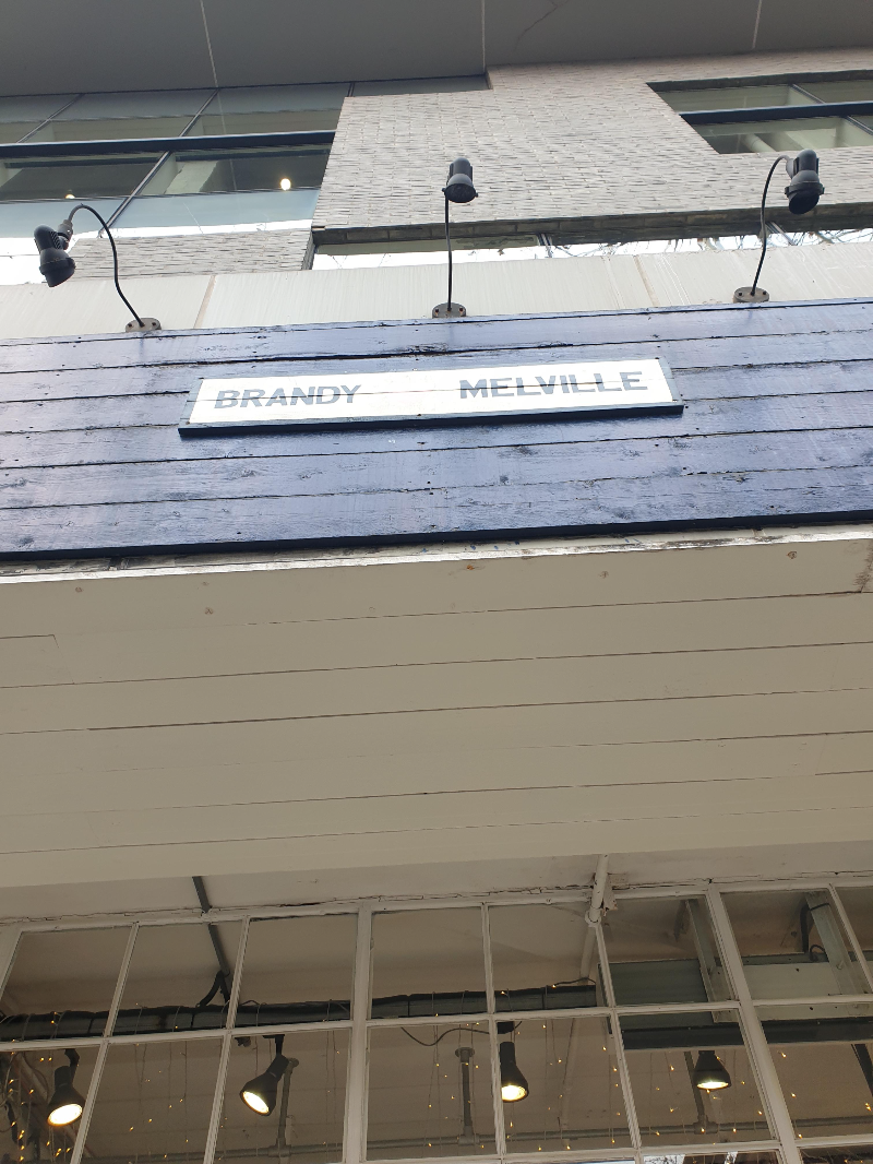 푸른색 바탕에 흰색 작은 나무로 만들어진 브랜디 멜빌 간판.