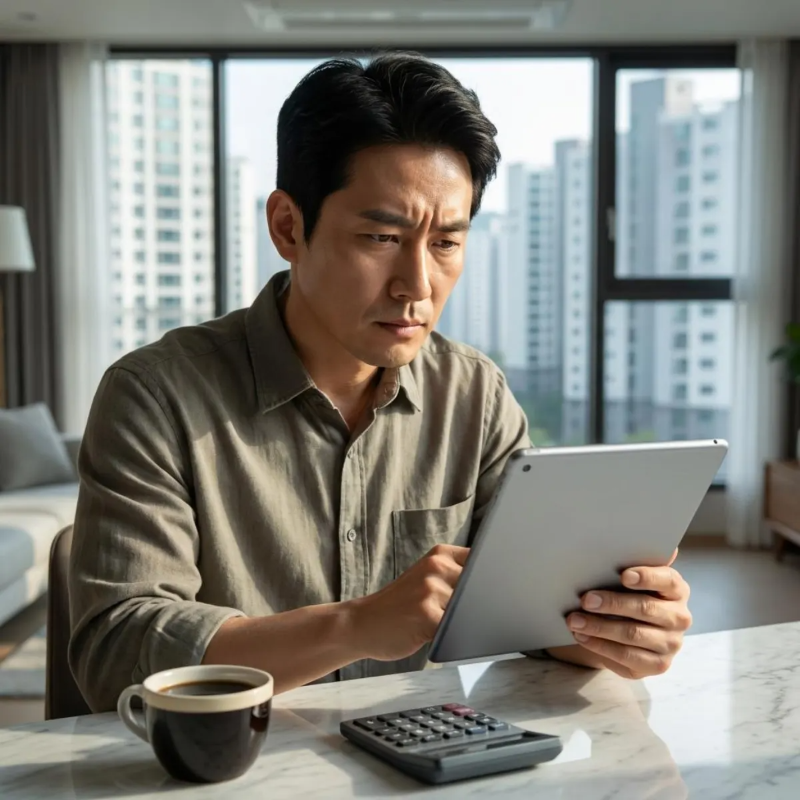 2026년 공시가격 발표 이후 거실에서 태블릿과 계산기를 이용해 진지하게 보유세를 시뮬레이션하고 있는 한국인 남성의 모습